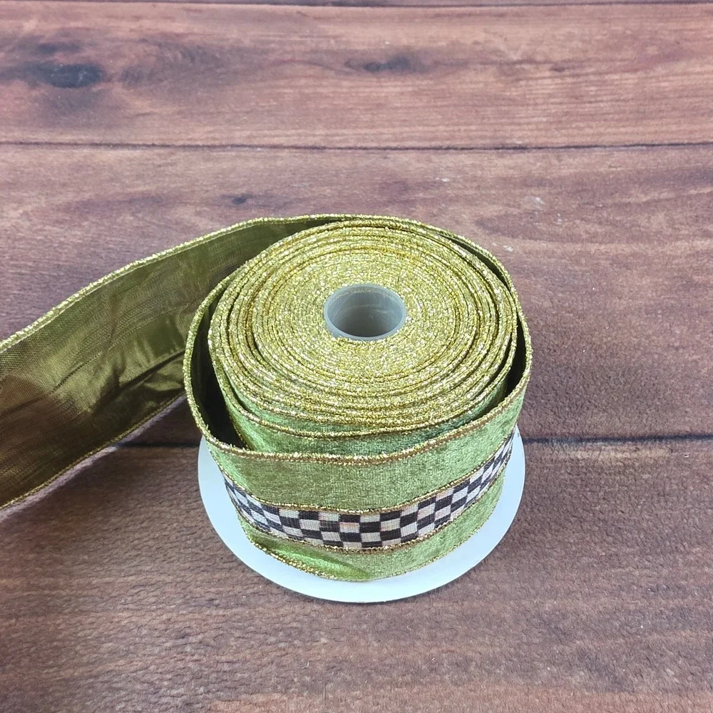 MacKenzie-Childs Wired Ribbon Green Gold Good Courtly Check Velvet 2in Wide